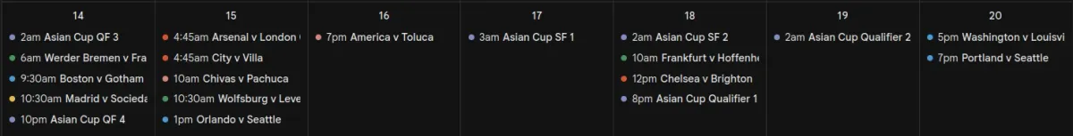 A google calendar showing 19 different women's soccer matches, the ones recommended below