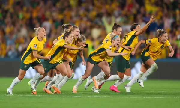 Australia celebrating in the 2023 WWC after beating France on penalties