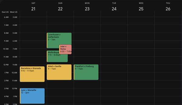 A google calendar with the recommended matches from below in the article